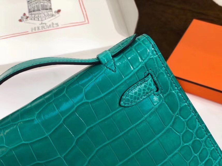 Hermes Mini Kelly Pochette 22cm Bag In Blue Paon Shiny Alligator Leather